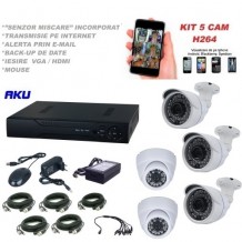  Kit supraveghere video AKU 5 camere 1200TVL 1280x960 pixeli + DVR 8 canale FULL HD 1080N H264, interior exterior carcase metalice, iesire internet cu vizualizare pe telefon mobil tableta desktop